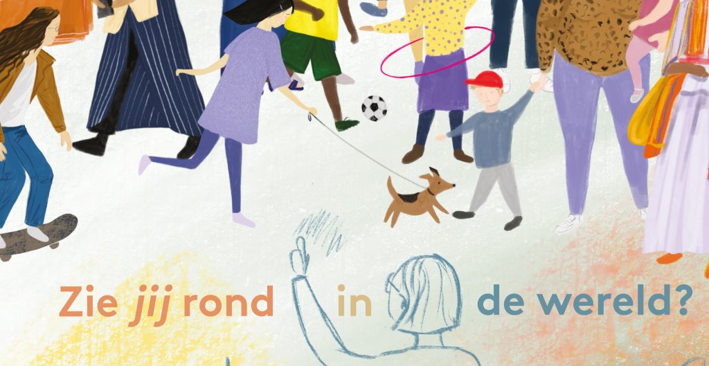 Illustratie van mensen van allerlei achtergronden op straat, met de tekst: Zie jij rond in de wereld?